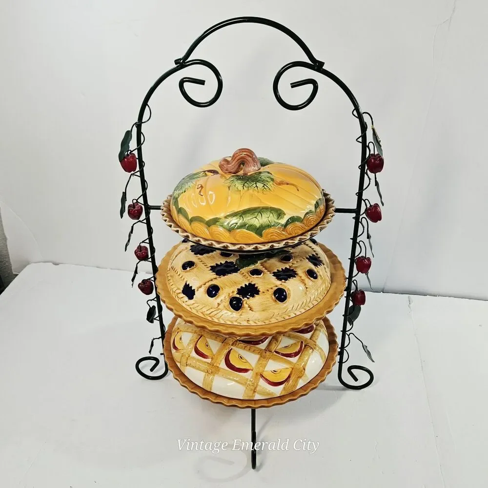Vtg 3 Tier Iron Serving Stand Ceramic Decorative Covered 3D Pie Keeper Apples